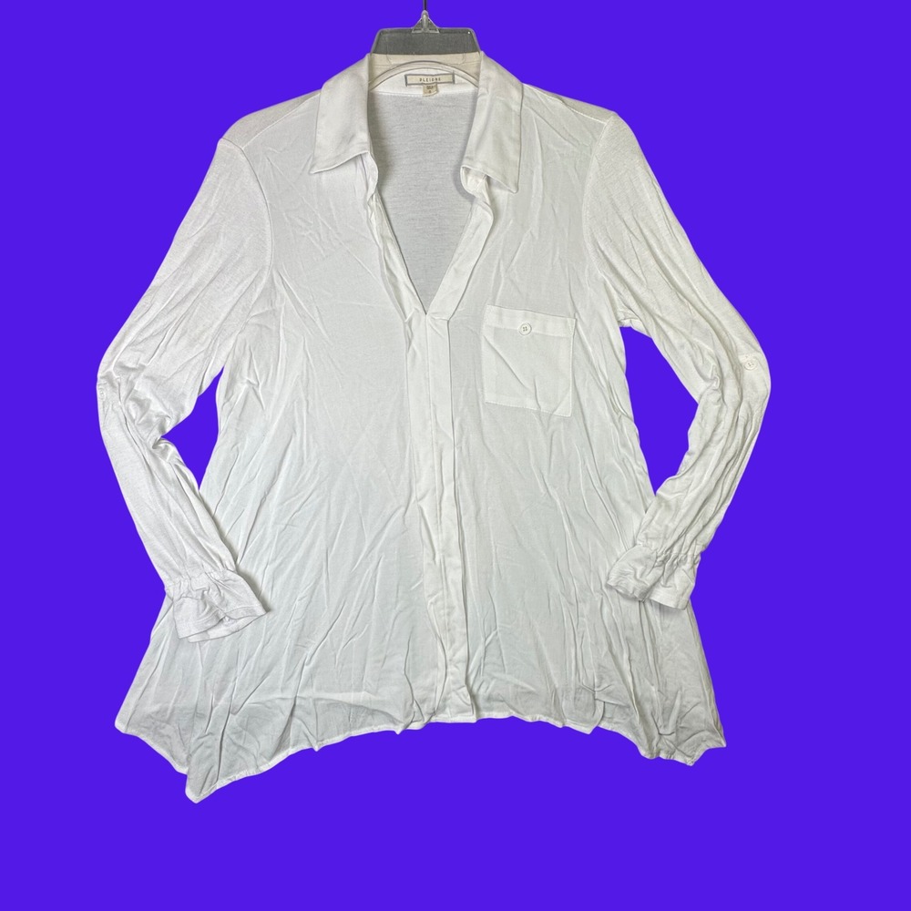 Pleione White Mixed Media V-Neck Tunic Top Roll Tab Sleeve Sharkbite Small White